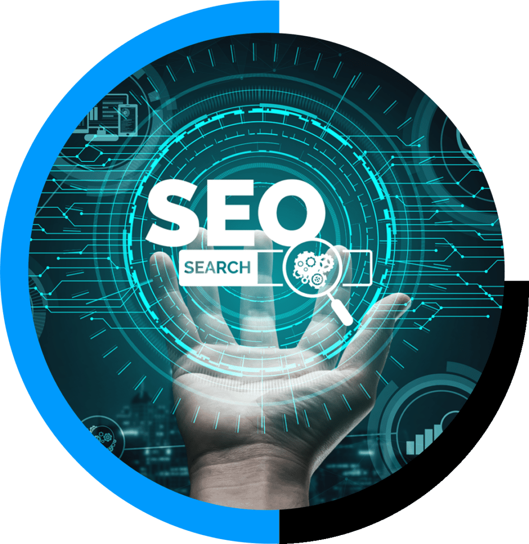 A digital illustration of a hand holding a holographic interface with the word SEO and search icons.