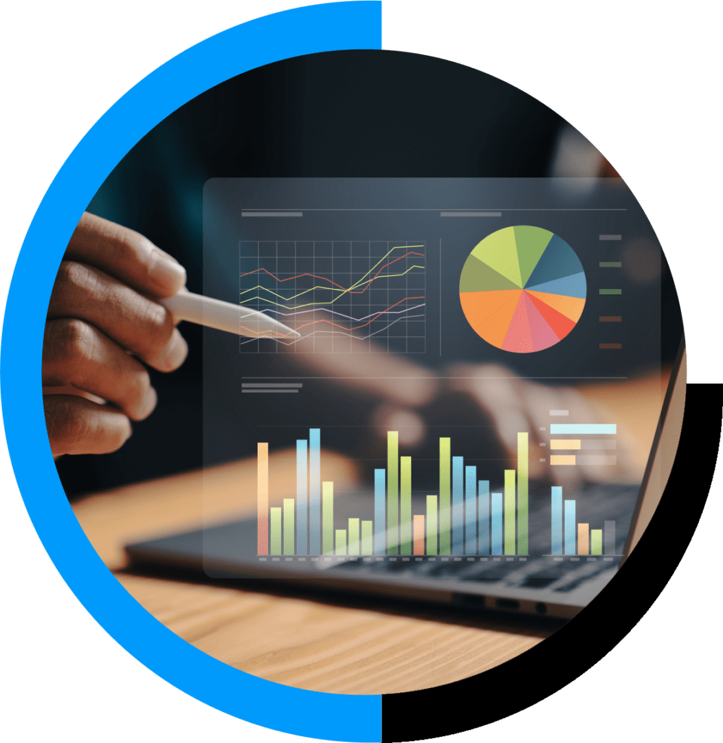 A person using a tablet to interact with digital financial charts and a colorful pie chart overlay.