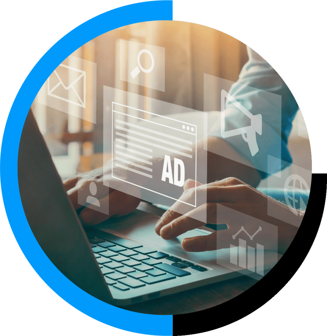 A person typing on a laptop with floating digital icons representing data and technology concepts.