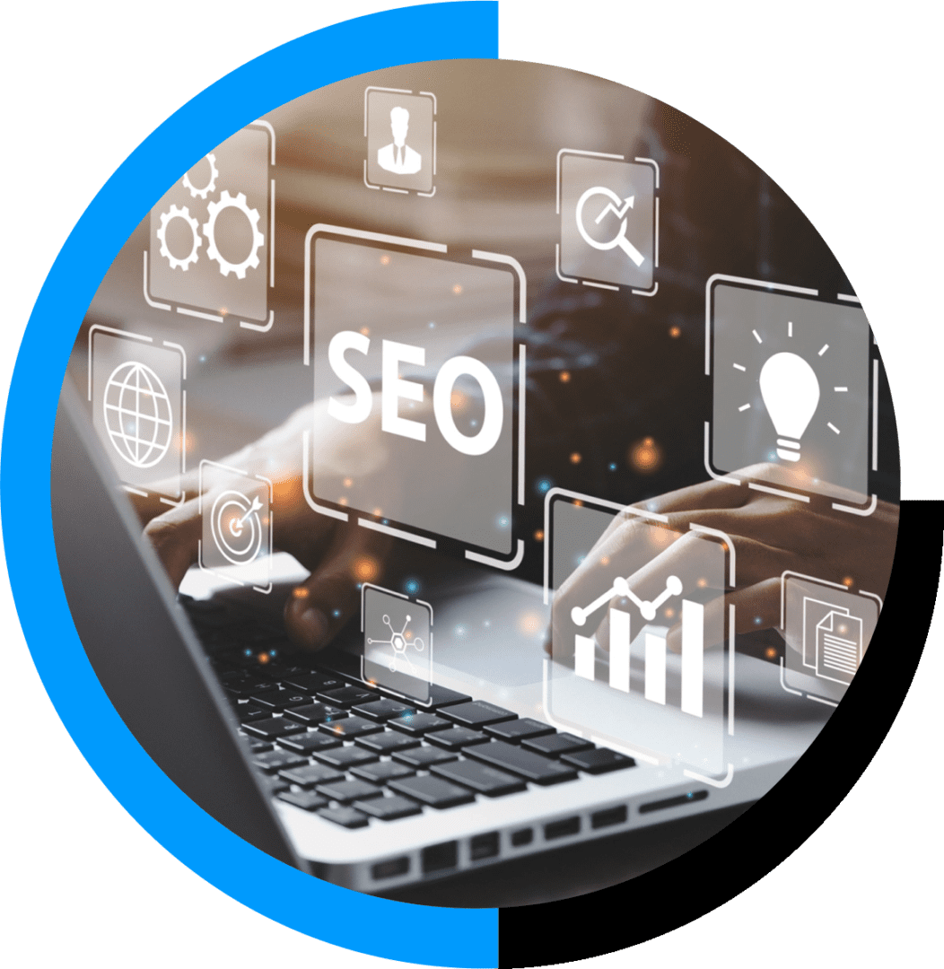 A digital interface displaying SEO and analytics icons over a laptop keyboard, symbolizing online marketing and data analysis.