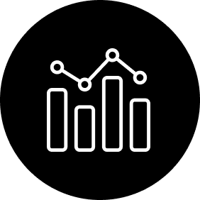 White bar chart and line graph icon on a black circular background