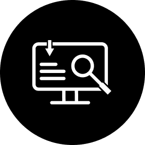 White computer monitor icon with a magnifying glass and downward arrow on a black circular background.