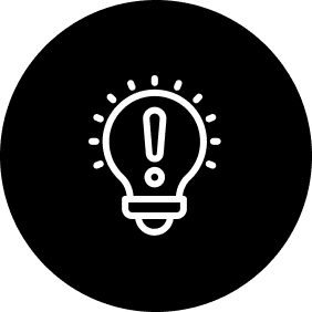 White line art of a light bulb with an exclamation mark inside, set against a black circular background.