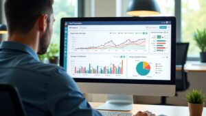 Digital marketer analyzing PPC advertising performance dashboard with charts and graphs on a computer screen.